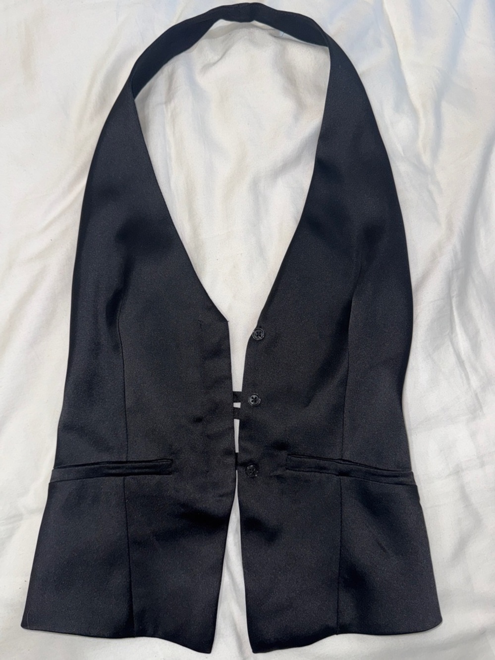 Zara Black Satin Halter Button-Up Vest with Back Lace and Faux Pockets